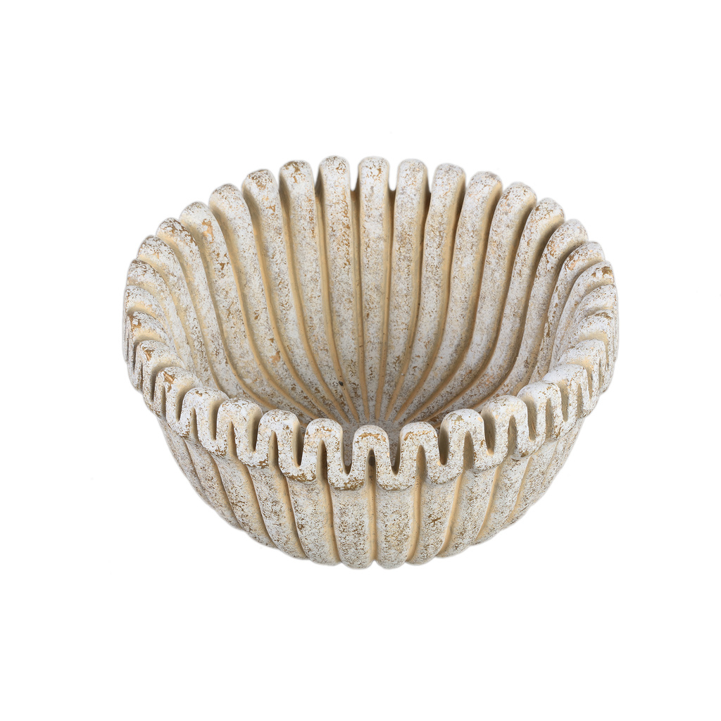 PTMD Raffay Crème cement ronde pot met geribbelde lijnen laag L.