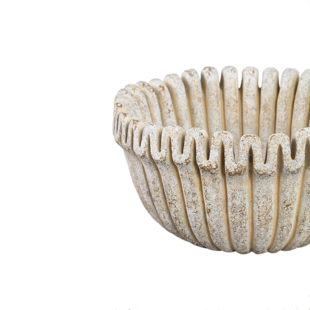 PTMD Raffay Crème cement ronde pot met geribbelde lijnen laag L.