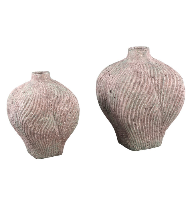 PTMD Diesel Grijze ronde cementen vaas met golvende lijnen hoog S