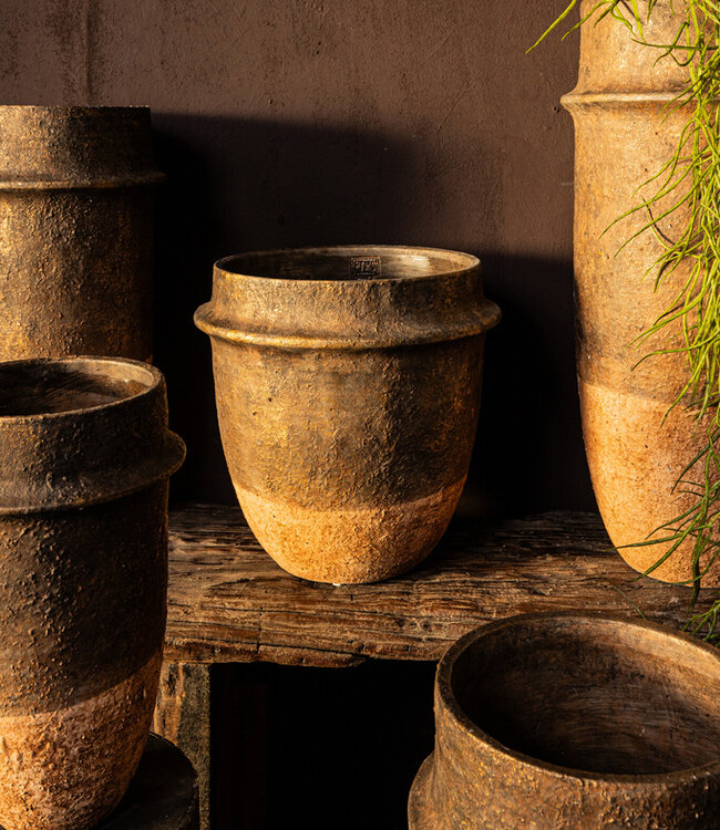 PTMD Christenee Grey halve bruine cementen ronde pot hoog S