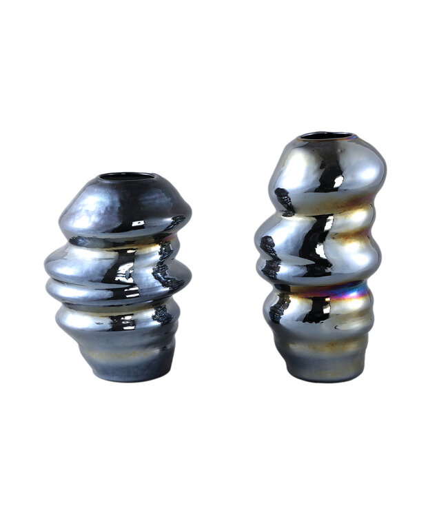 PTMD Orietta Blauwe glazen vaas met golvende ronde S.