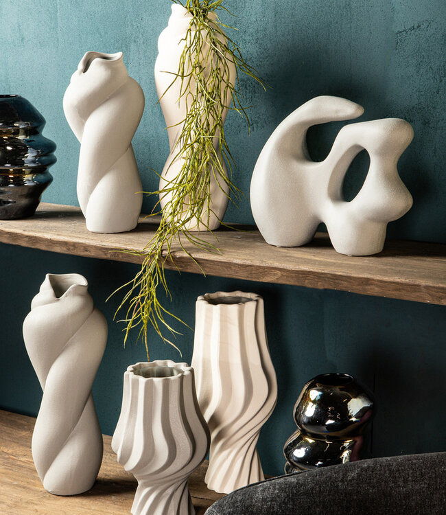 PTMD Orietta Blauwe glazen vaas met golvende ronde S.