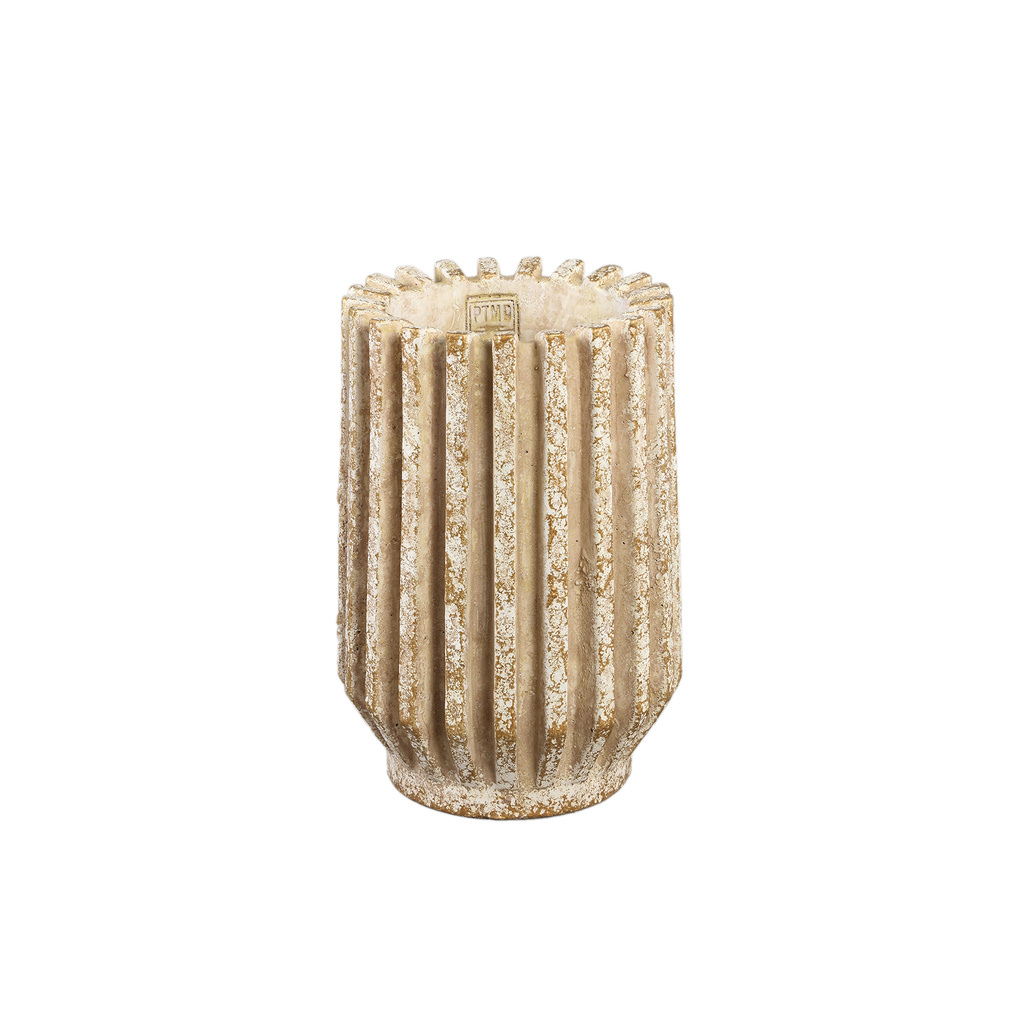 PTMD Zariya Crème cement ronde pot met geribbelde lijnen hoog XS