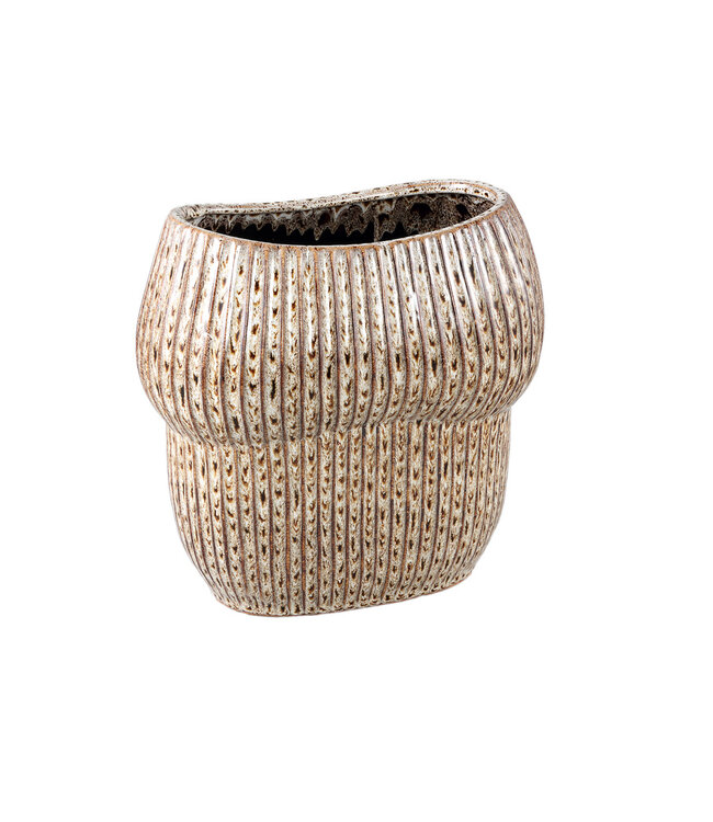 PTMD Colby Brown keramische pot ovaal gevormde lijnen hoog