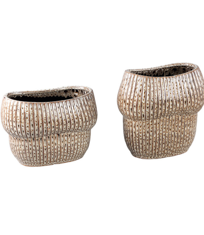 PTMD Colby Brown keramische pot ovaal gevormde lijnen hoog