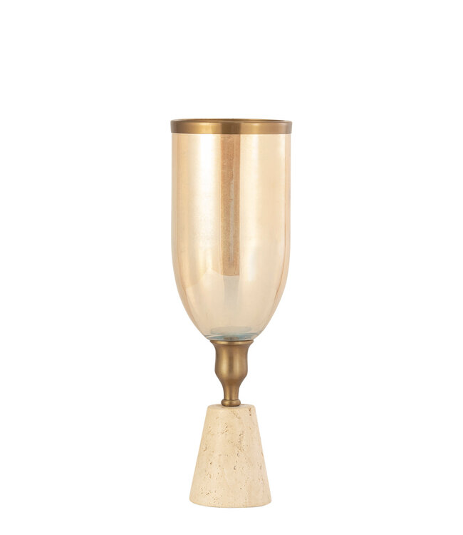 PTMD Tadh Messing glazen stormlicht travertin basis rond S