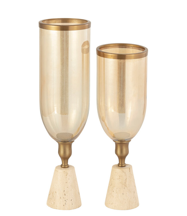 PTMD Tadh Messing glazen stormlicht travertin basis rond S