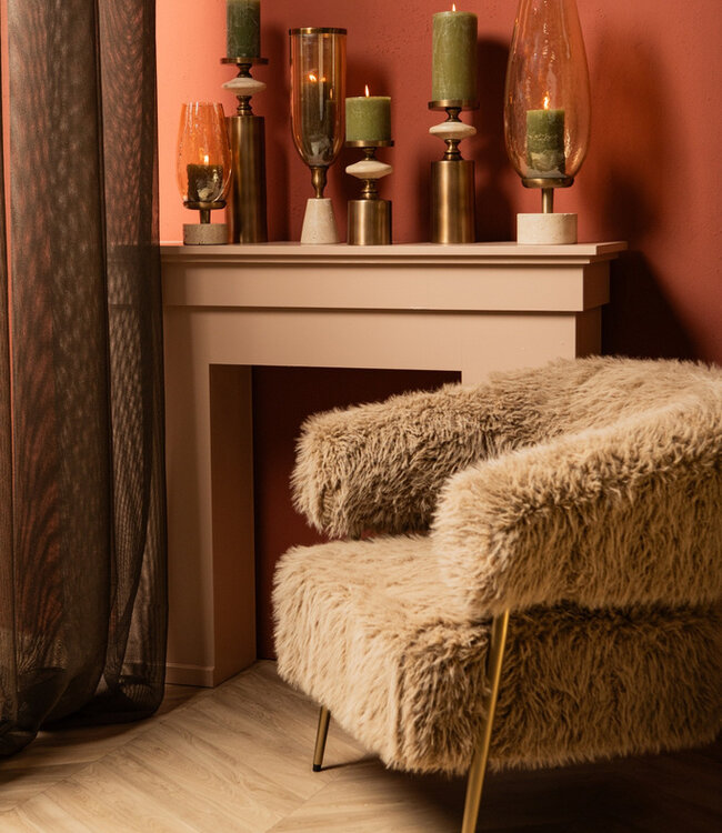 PTMD Tadh Messing glazen stormlicht travertin basis rond S