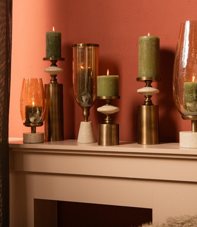 PTMD Tadh Messing glazen stormlicht travertin basis rond S