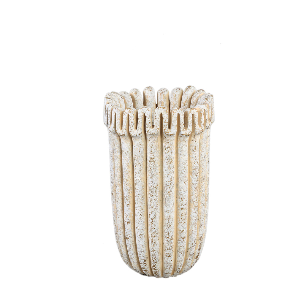PTMD Raffay Crème cement ronde pot geribbelde lijnen hoog S