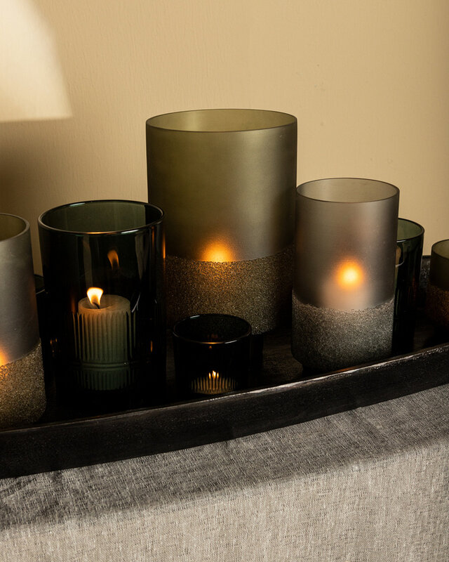PTMD Miral Grey glazen ronde stormlicht met matglazen bodem.