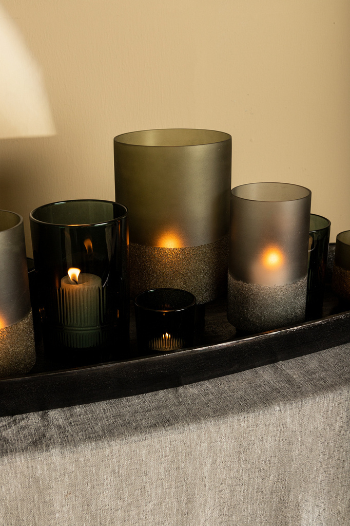 PTMD Miral Grey glazen ronde stormlicht met matglazen bodem.