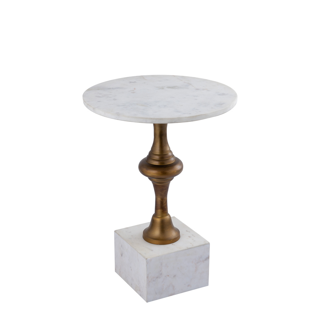 PTMD Alano White Marble bijzettafel met aluminium gouden tafelpoot.
