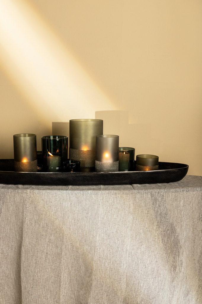 PTMD Miral Grey glazen ronde stormlicht met matglazen bodem.