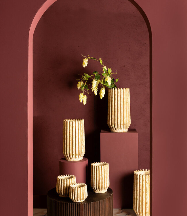 PTMD Zariya Crème cement ronde pot met geribbelde lijnen hoog S