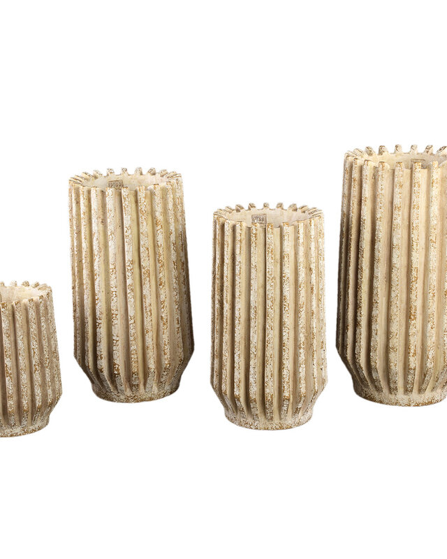 PTMD Zariya Crème cement ronde pot met geribbelde lijnen hoog S
