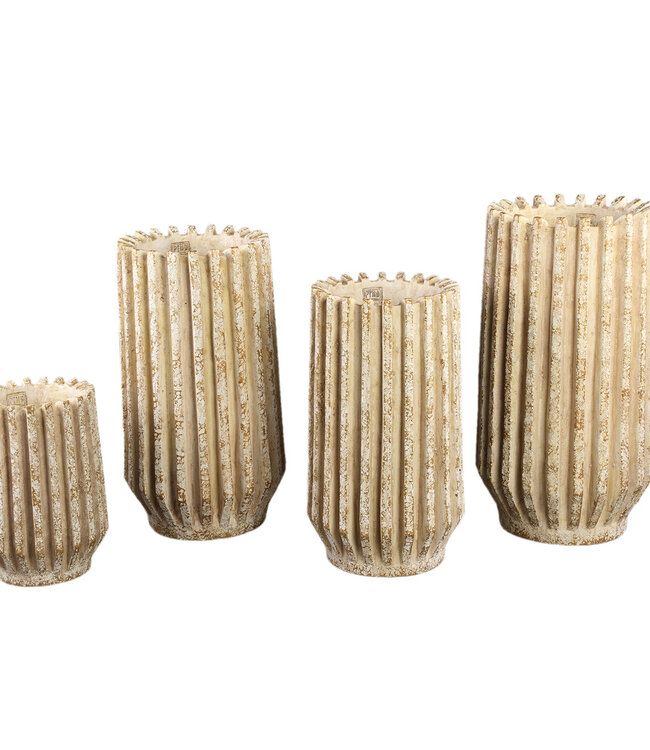 PTMD Zariya Crème cement ronde pot met geribbelde lijnen hoog S
