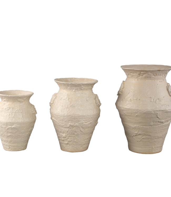 PTMD Leandra Beige ronde keramische pot ruwe structuur L