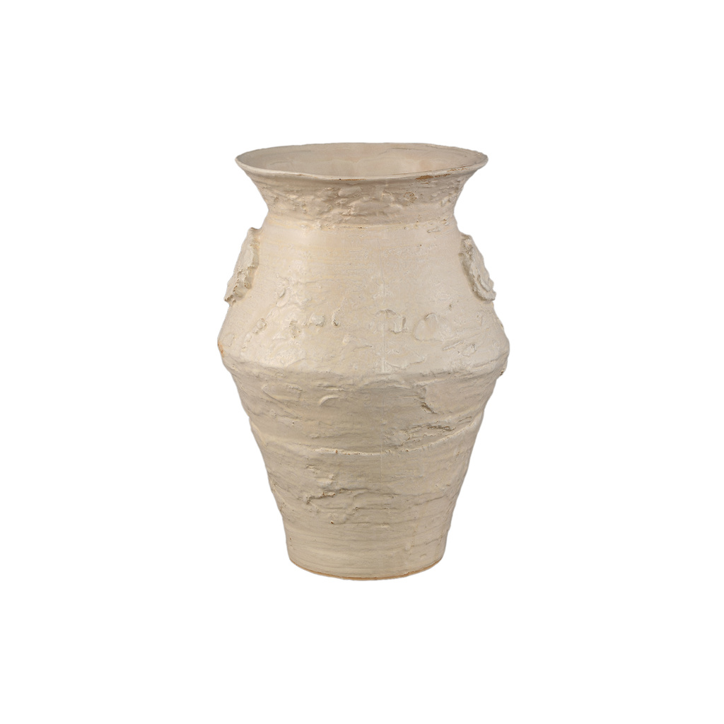PTMD Leandra Beige ronde keramische pot ruwe structuur L