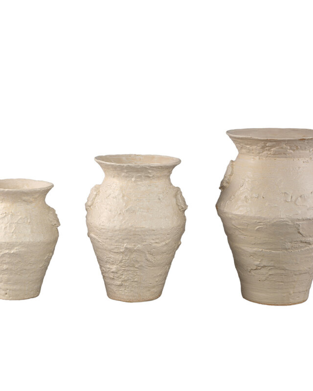 PTMD Leandra Beige ronde keramische pot ruwe structuur L