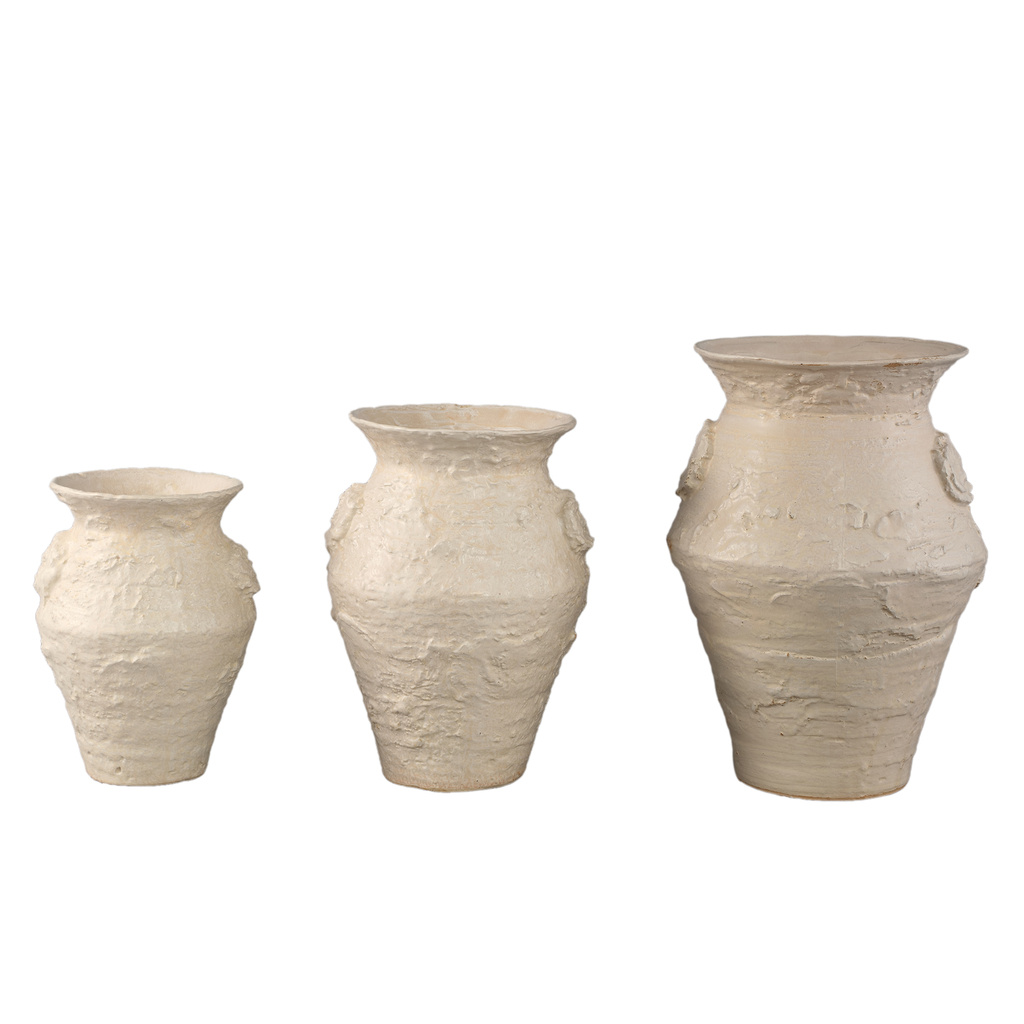 PTMD Leandra Beige ronde keramische pot ruwe structuur L