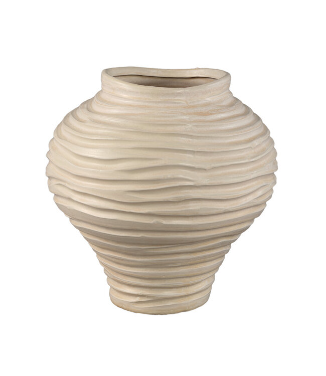 PTMD Mickie Beige ronde bolvormige keramische vaas geribbeld L