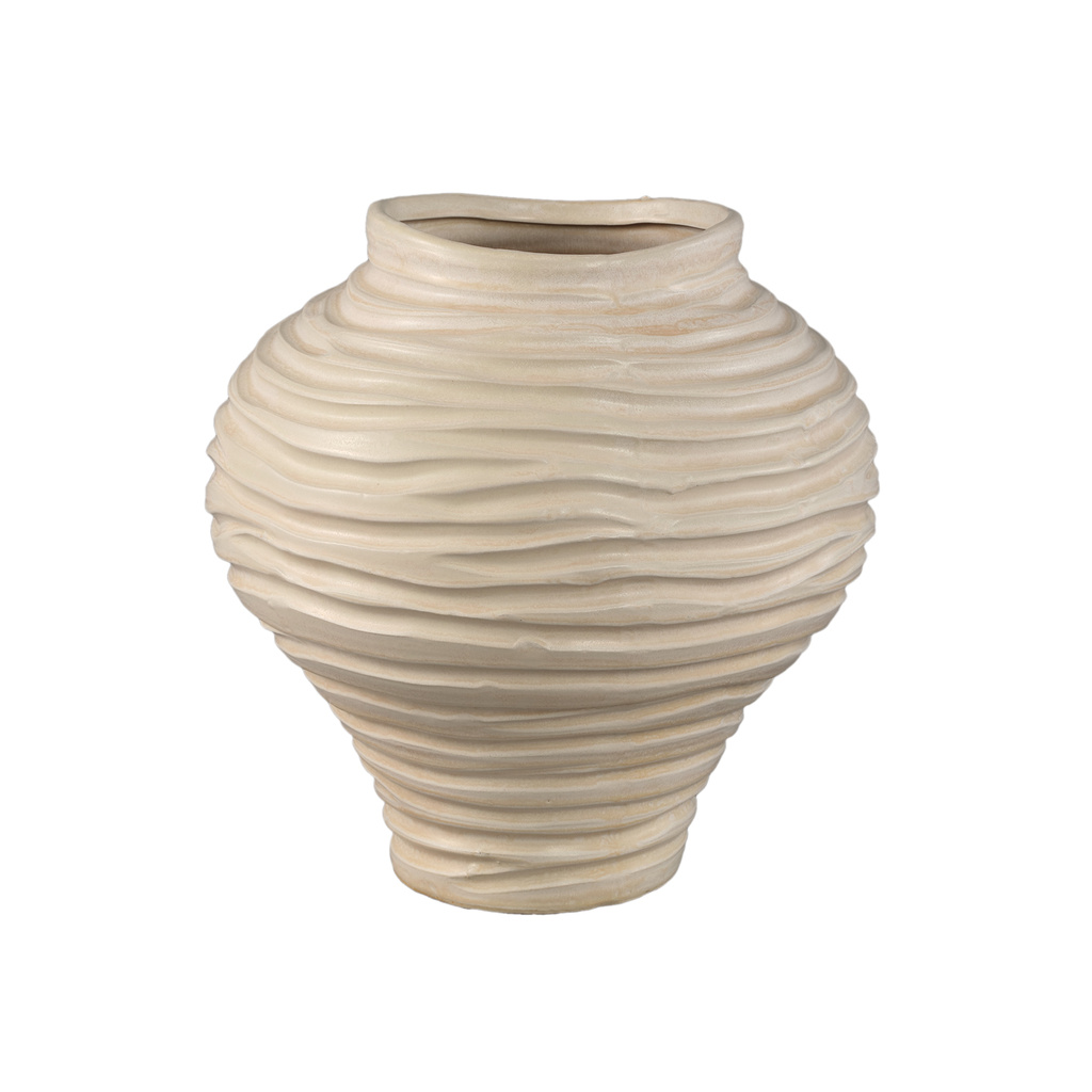 PTMD Mickie Beige ronde bolvormige keramische vaas geribbeld L