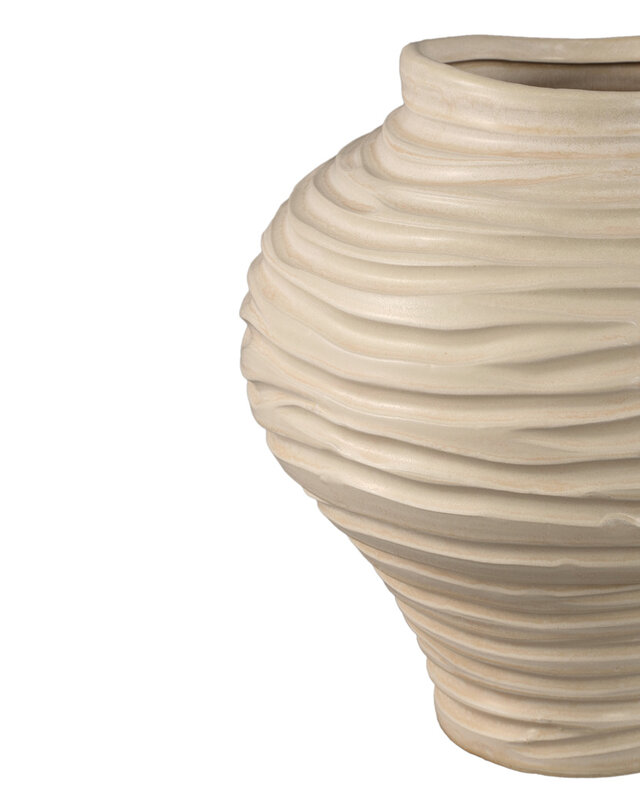 PTMD Mickie Beige ronde bolvormige keramische vaas geribbeld L