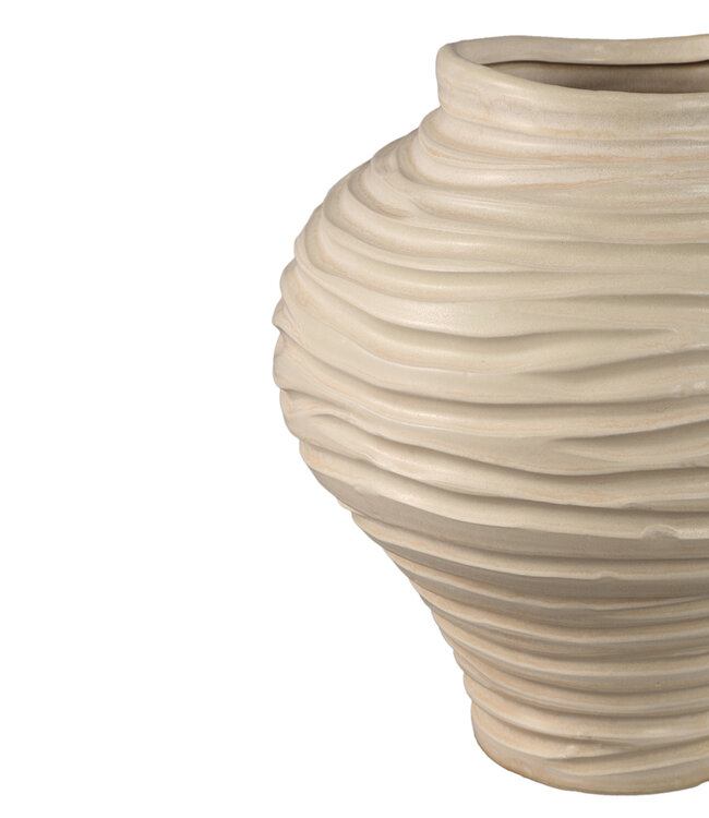 PTMD Mickie Beige ronde bolvormige keramische vaas geribbeld L