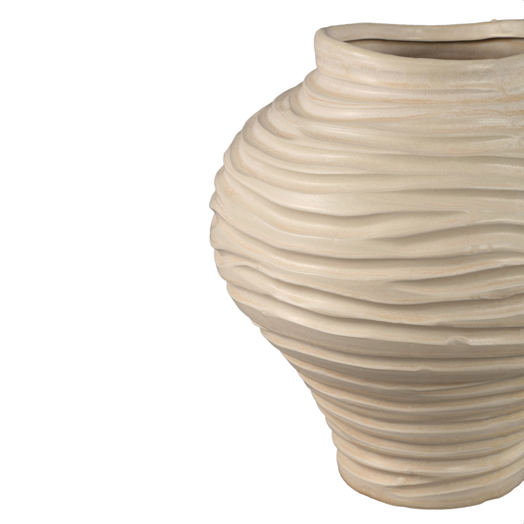 PTMD Mickie Beige ronde bolvormige keramische vaas geribbeld L