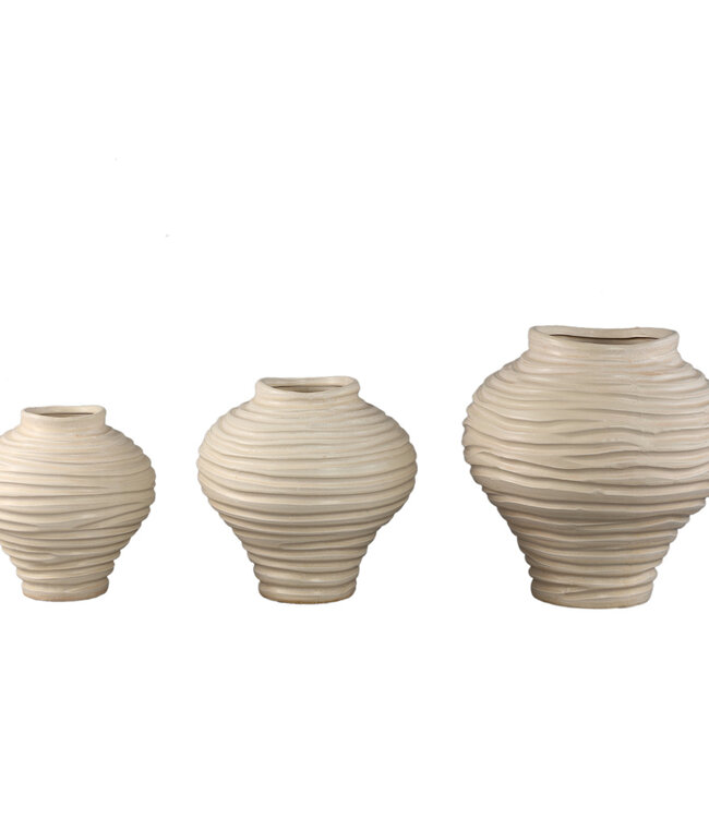 PTMD Mickie Beige ronde bolvormige keramische vaas geribbeld L