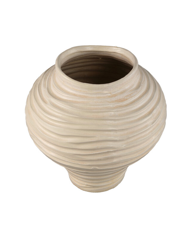 PTMD Mickie Beige ronde bolvormige keramische vaas geribbeld L