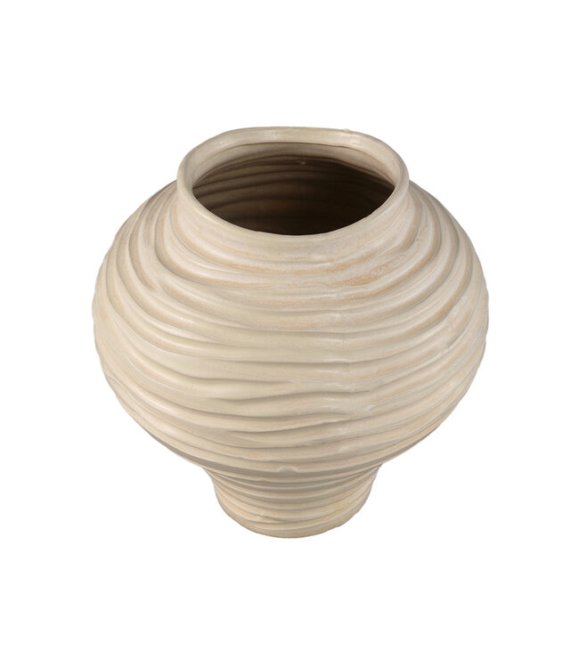 PTMD Mickie Beige ronde bolvormige keramische vaas geribbeld L