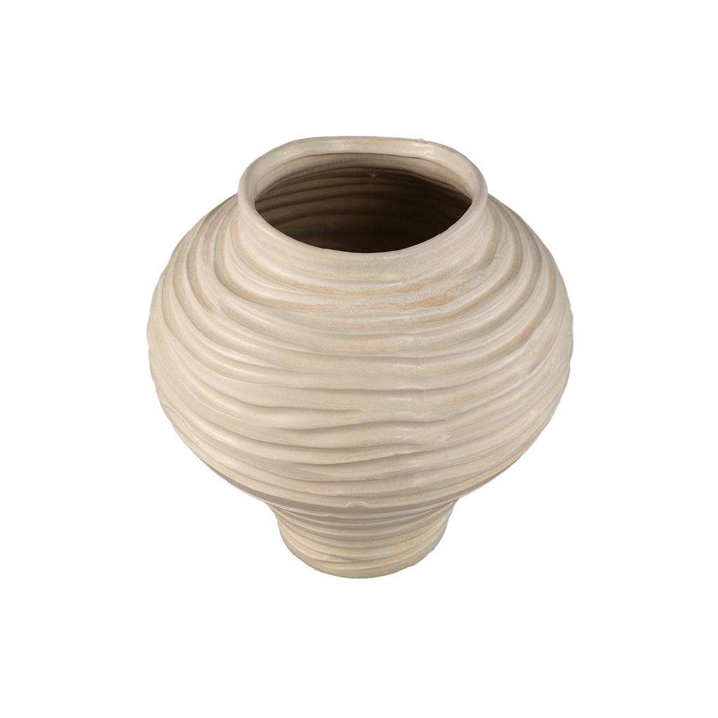 PTMD Mickie Beige ronde bolvormige keramische vaas geribbeld L
