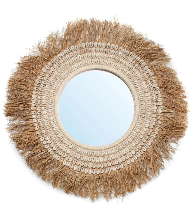 Bazar Bizar De Raffia Cowrie Spiegel - Natuurlijk Wit