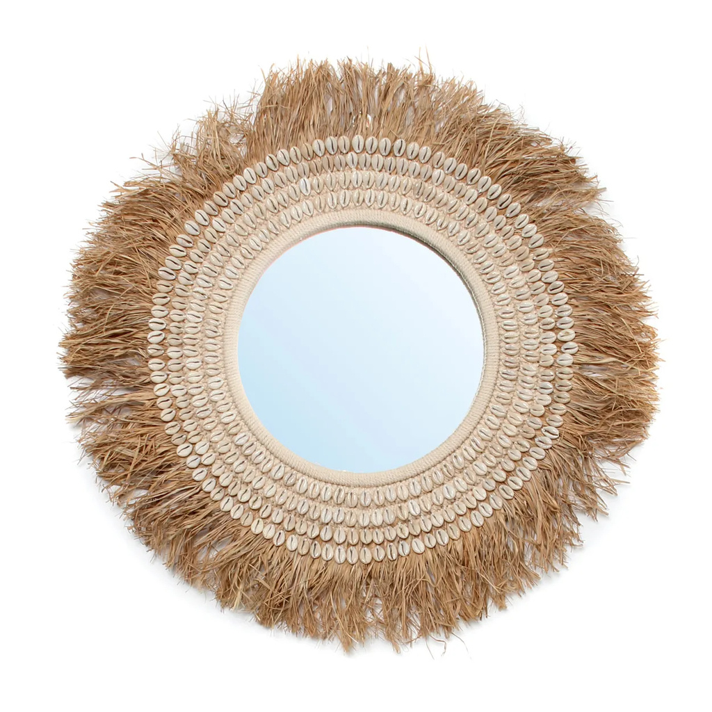 Bazar Bizar De Raffia Cowrie Spiegel - Natuurlijk Wit