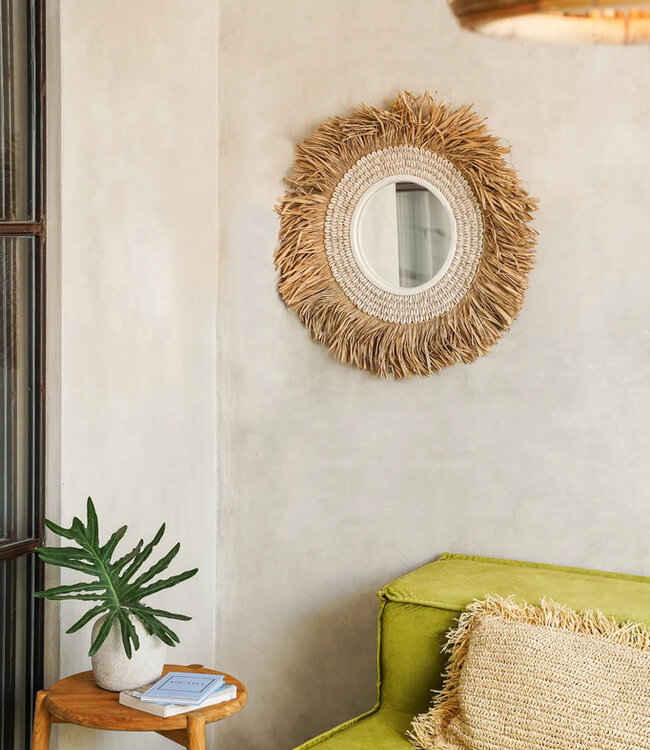 Bazar Bizar De Raffia Cowrie Spiegel - Natuurlijk Wit