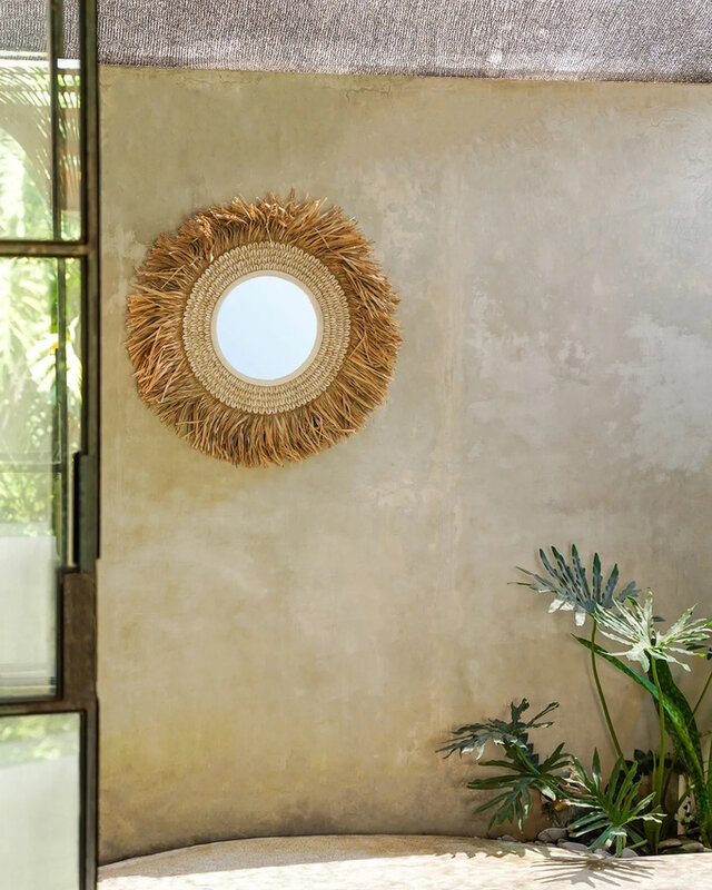 Bazar Bizar De Raffia Cowrie Spiegel - Natuurlijk Wit