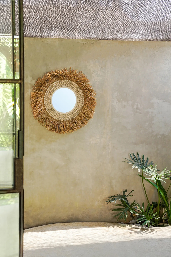 Bazar Bizar De Raffia Cowrie Spiegel - Natuurlijk Wit