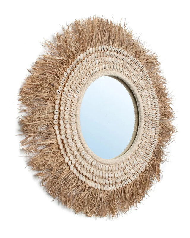 Bazar Bizar De Raffia Cowrie Spiegel - Natuurlijk Wit