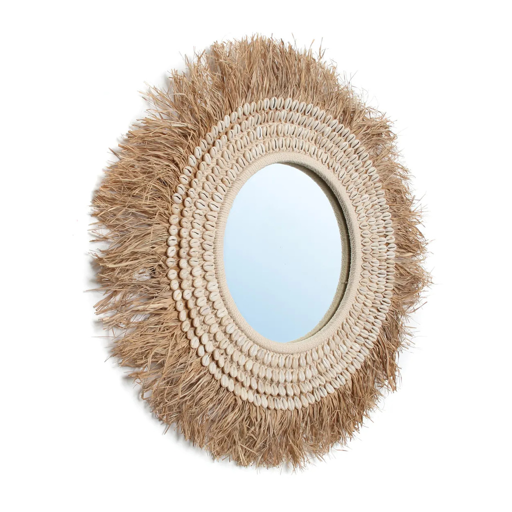 Bazar Bizar De Raffia Cowrie Spiegel - Natuurlijk Wit