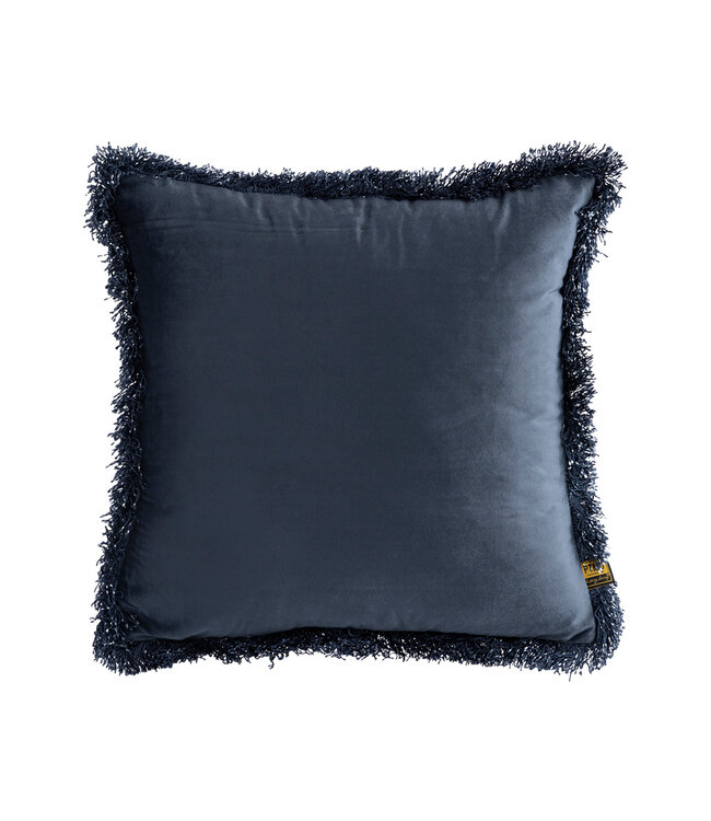 PTMD Blauw fluwelen kussen met franjes in vierkante vorm.