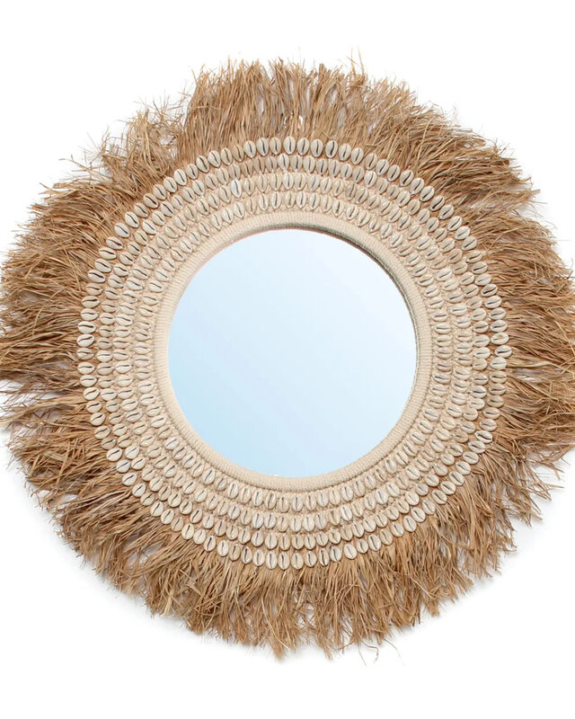 Bazar Bizar De Raffia Cowrie Spiegel - Natuurlijk Wit