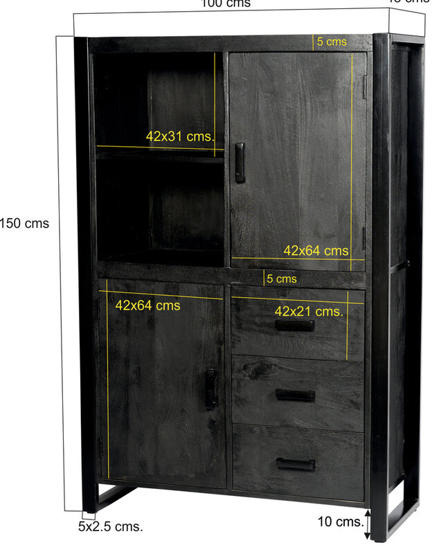 Livingfurn Kast Norris Zwart Mangohout 150x100x43 cm