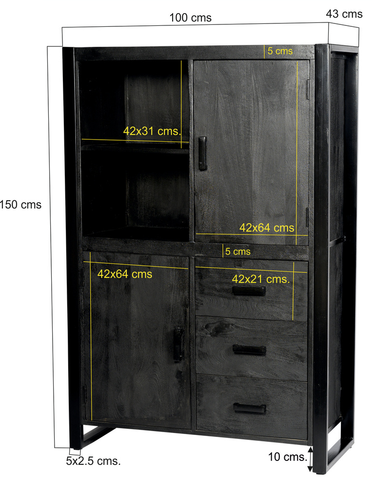 Livingfurn Kast Norris Zwart Mangohout 150x100x43 cm