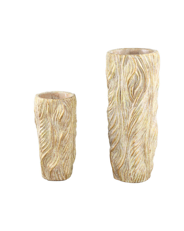 PTMD Alexio Crème ronde cementen pot met golvende lijnen 45x20 Cm