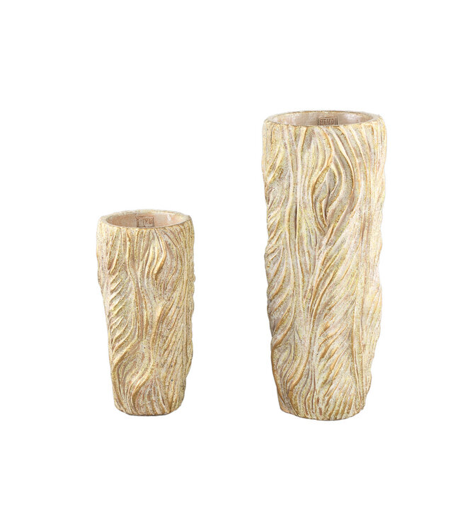 PTMD Alexio Crème ronde cementen pot met golvende lijnen 45x20 Cm