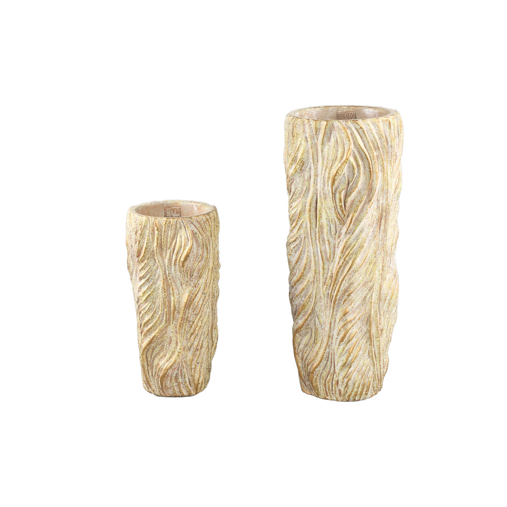 PTMD Alexio Crème ronde cementen pot met golvende lijnen 45x20 Cm