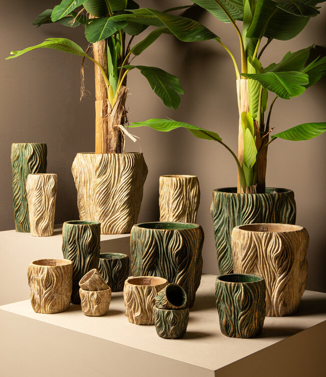 PTMD Alexio Crème ronde cementen pot met golvende lijnen 45x20 Cm