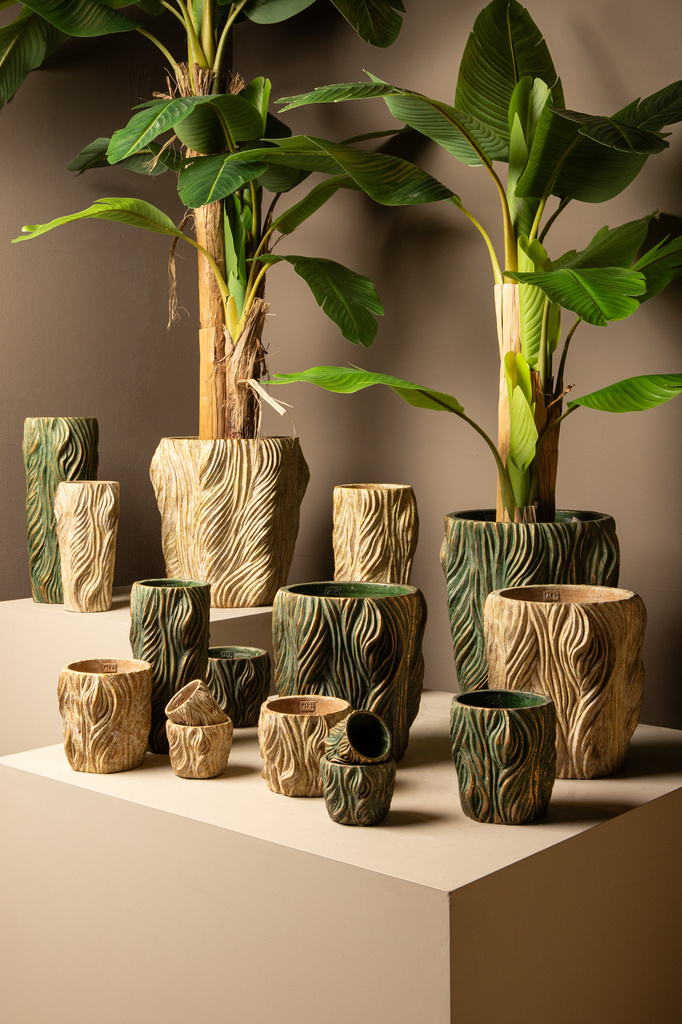 PTMD Alexio Crème ronde cementen pot met golvende lijnen 45x20 Cm